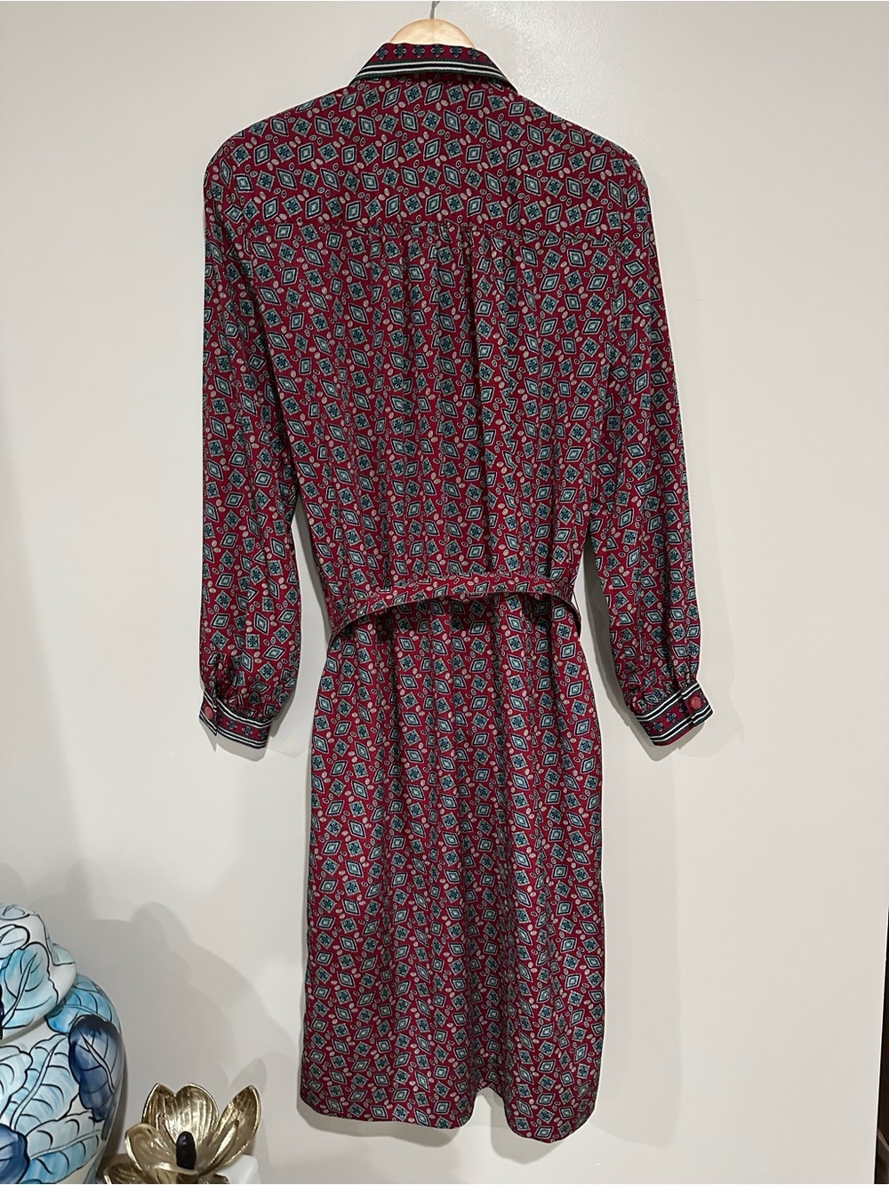 Vintage Schrader Red Geometric Belted Shirt Dress Retro Fits XL Midi Pockets - Picture 4 of 16